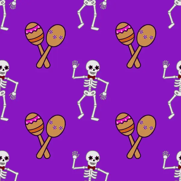 Çiçekli göz makyajı ve marakas ile dans eden iskeletler içeren kusursuz bir vektör deseni. Canlı mor bir arkaplan, Ölüler Günü kutlamaları için ideal..