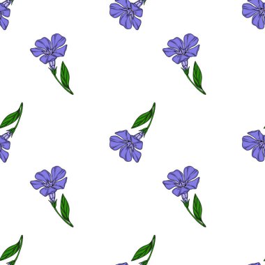 Beyaz arka planda yeşil yapraklı narin menekşe çiçeklerinin kusursuz vektör deseni, tekstil baskıları ve çiçek tasarımları için ideal..