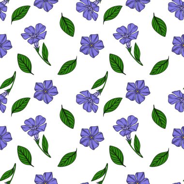 Beyaz arkaplandaki narin menekşe çiçekleri ve yeşil yaprakların kusursuz vektör deseni, tekstil baskıları veya bahar temalı tasarımlar için idealdir.