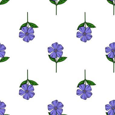 Mor taç yaprakları ve yeşil yapraklı, stilize edilmiş menekşe çiçeklerinin kusursuz vektör deseni, tekstil tasarımı veya bahar temalı projeler için mükemmel..