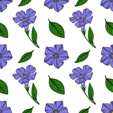 Zarif menekşe çiçekleri ve yaprakların kusursuz vektör deseni, canlı mor bir renk ve yemyeşil yeşillik, tekstil tasarımı veya bahar temalı projeler için ideal.