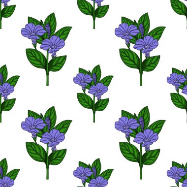 Narin hafif mor menekşe çiçeklerinin kusursuz vektör deseni canlı yeşil yapraklı, sanatsal olarak detaylı botanik tarzında, tekstil baskıları veya bahar temalı tasarımlar için ideal..