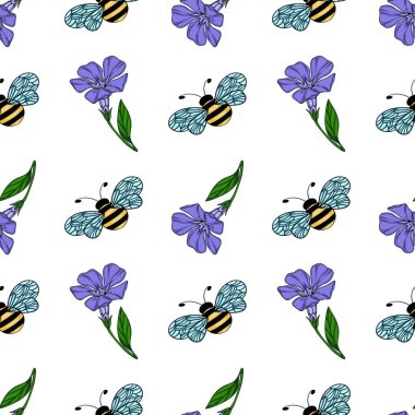 El yapımı yaban arıları ve stilize menekşe çiçekleri ile kusursuz vektör deseni, canlı bir renk paleti ve tekstil veya duvar kağıdı tasarımı için karmaşık kanat ayrıntıları.