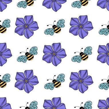 Şekillendirilmiş mor çiçeklerin ve şirin arıların kusursuz vektör deseni, tekstil baskıları, ambalaj kağıdı veya dijital tasarım projeleri için mükemmeldir..