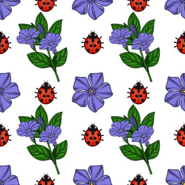 Canlı mor menekşe çiçekleri ve detaylı uğur böcekleri içeren kusursuz vektör deseni, tekstil baskıları veya dijital kağıtlar için mükemmel, neşeli bir bahar temalı tasarım yaratıyor..