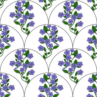 Zarif yarım daire şeklinde düzenlenmiş zarif menekşe çiçeklerinin kusursuz vektör deseni, tekstil baskıları veya duvar kağıtları için sofistike bir çiçek tasarımı yaratıyor..