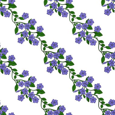 Narin menekşe çiçekleri ve yeşil yaprakların kusursuz vektör deseni, çapraz yinelenen dizayn ile düzenlenmiştir, tekstil baskıları veya bahar temalı arka planlar için idealdir..