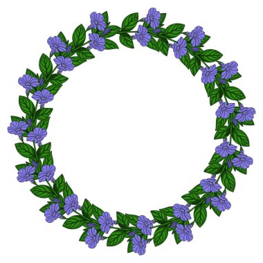 Zarif mor çiçekler ve yemyeşil yapraklardan oluşan dairesel bir düzenleme içeren zarif bir vektör çelenk tasarımı, davetiyeler, kartlar veya dekoratif unsurlar için mükemmeldir..