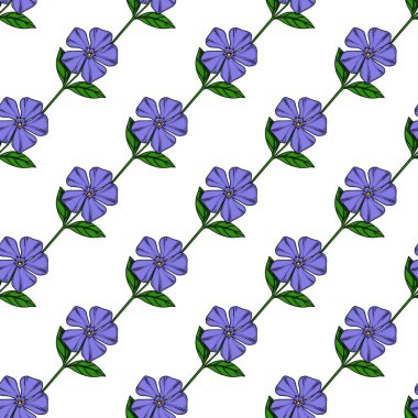 Sivri mor yapraklı, pürüzsüz menekşe çiçekleri ve yeşil yapraklı vektör deseni, beyaz arkaplanda köşegen tekrarlayan bir dizayn ile düzenlenmiştir, tekstil baskıları veya dijita için idealdir....