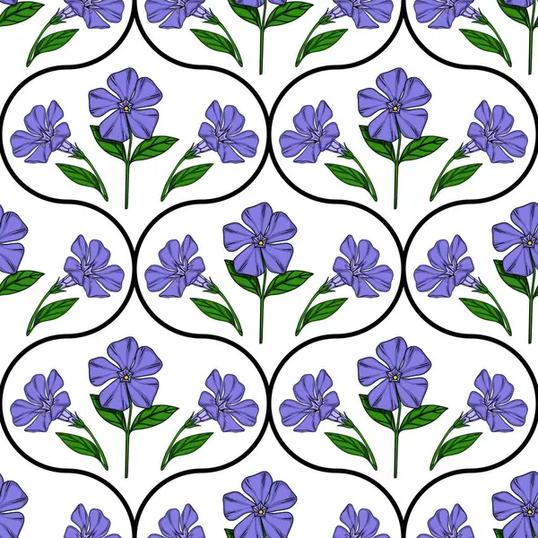 Benzersiz oval çerçevede biçimlendirilmiş menekşe çiçeklerinin kusursuz vektör deseni narin ve zarif bir çiçek tasarımı oluşturur..