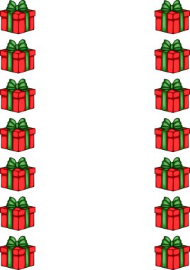 Yeşil kurdeleli kırmızı hediye kutularının tekrarladığı dikey sınır tasarımının kutlama vektör çizimi, bayram kartları veya ambalaj kağıtları için mükemmel.