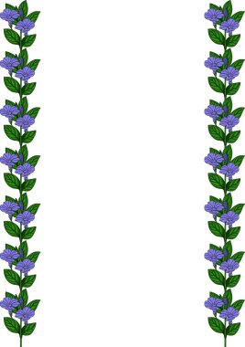 Çiçek açan mor çiçekler ve yeşil yapraklardan oluşan dikey çizgileri olan zarif vektör çerçevesi davetiyeler, kartlar veya dekoratif tasarımlar için mükemmeldir..