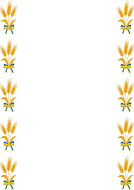 Mavi ve sarı kurdelelerle tekrar eden altın buğday saplarını içeren zarif bir vektör çerçeve tasarımı, davetiyeler veya duyurular için mükemmel..