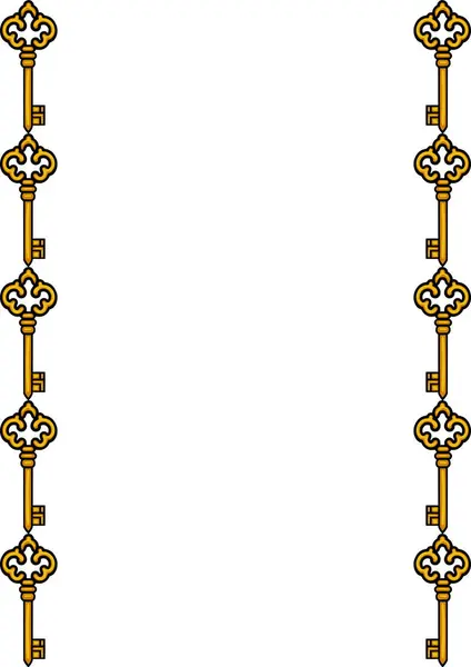 Süslü altın iskelet anahtarlarının dikey tekrar modelini içeren zarif bir vektör çerçeve tasarımı, davetiyelere, sertifikalara veya diğer tasarım projelerine klasik bir dokunuş eklemek için mükemmel.