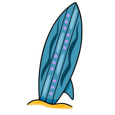 Sarı kum üzerinde dinlenen mor noktalı ve dalgalı desenli deniz mavisi sörf tahtası çizimi yaz tasarımları için mükemmel..