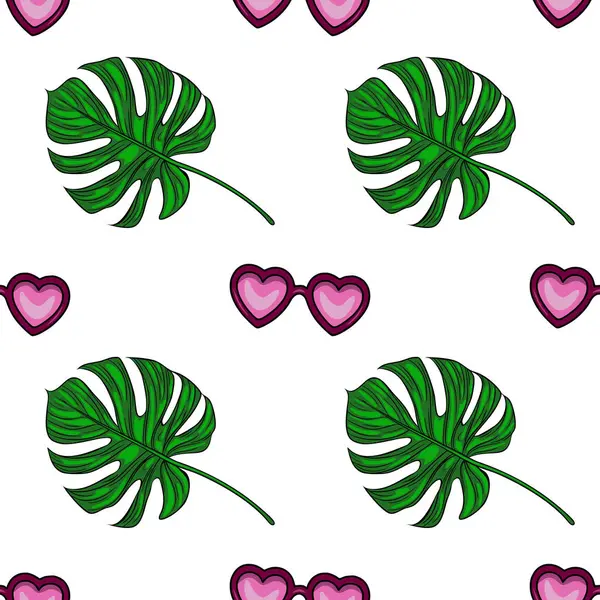Beyaz arka planda canlı yeşil canavar yaprakları ve kalp şeklinde güneş gözlükleri içeren kusursuz vektör deseni neşeli ve yazlık bir tropikal tasarım yaratıyor..
