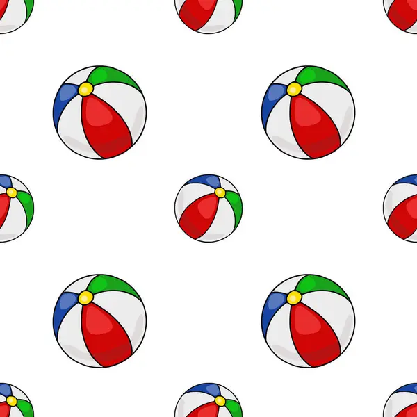 Kırmızı, yeşil, mavi ve beyaz renkli plaj toplarının kusursuz vektör deseni, yaz temalı tasarımlar ve oyuncu arka planlar için ideal..