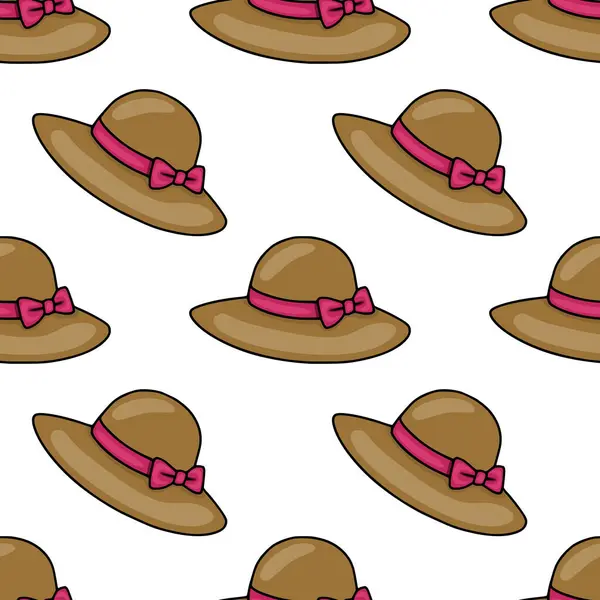 Pembe kurdele ve fiyonklarla süslenmiş büyüleyici kahverengi şapkalarla kusursuz vektör deseni moda veya yaz temalı projeler için mükemmel ve zarif bir tasarım yaratıyor..