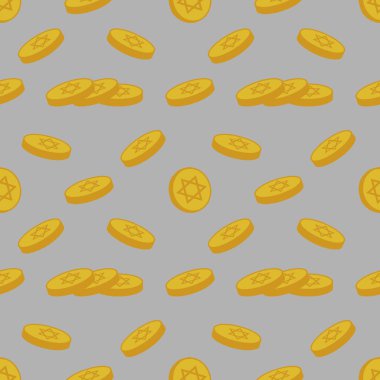 Altın Hanuka gelt sikkelerinin kusursuz vektör deseni David 'in Yıldızı ile, neşeli bir şekilde gri arka plana dağılmış, şenlik tasarımı için ideal..