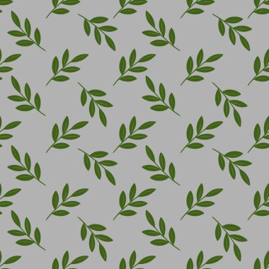 Açık gri arkaplanda, biçimlendirilmiş yeşil yaprakların kusursuz vektör deseni, minimalist ve organik bir tasarım yaratıyor..
