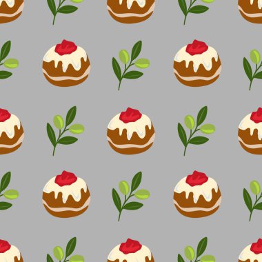 Lezzetli sufganiyot içeren kusursuz vektör deseni kırmızı reçel kaplama ve zeytin dalları, Hanuka kutlamaları veya şenlikli kış tasarımları için mükemmel..