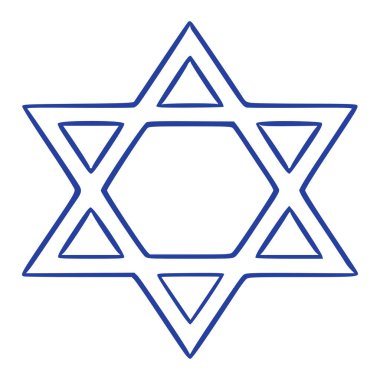 Bir Davud Yıldızı 'nın vektör çizimi, Yahudiliğin önde gelen bir sembolü, beyaz bir arkaplana karşı minimalist mavi çizgili sanat tarzıyla tasvir edilmiştir..