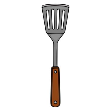 Kahverengi ahşap saplı ve beş eşit aralıklı yuvası olan metal başlı bir mutfak spatulasının detaylı bir vektör çizimi.