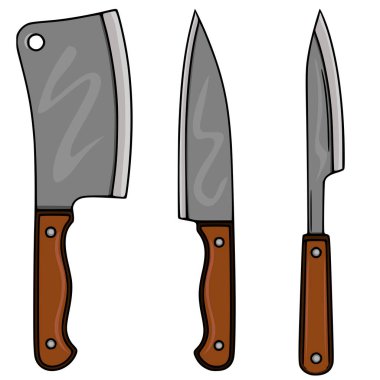 Üç farklı mutfak bıçağı içeren bir vektör çizimi: bir satır, bir aşçı bıçağı, ve her biri kahverengi ahşap saplı bir bıçak, temiz beyaz bir arka plana karşı dizilmiş..