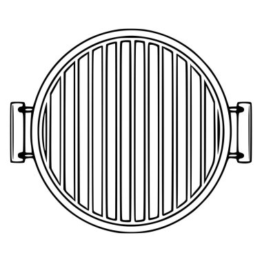 Paralel çubukları ve yan kolları olan yuvarlak ızgaranın üst görünüm vektör çizimi, BBQ tasarımı veya mutfak malzemesi çizimleri için mükemmeldir.