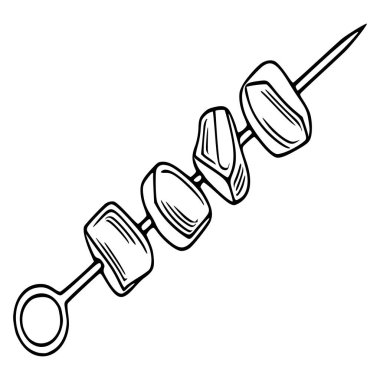 Beyaz arka plana karşı koyu siyah çizgilerle çizilmiş dört parça etli bir Şaşlık şiş 'in vektör çizimi basit ama etkili bir tasarım sergiliyor....