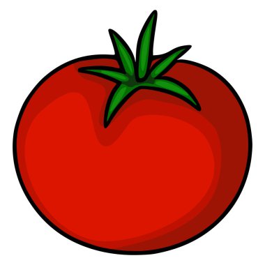 Tek bir olgun kırmızı domatesin canlı bir temsili. Detaylı yeşil saplı, cesur ve basit bir çizgi film stili gösteriyor. Mutfak tasarımları için mükemmel..