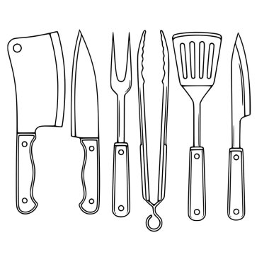 Altı farklı mutfak aletinden oluşan bir vektör çizimi: satır, aşçı bıçağı, oyma çatalı, maşa, spatula ve ayrıştırma bıçağı, hepsi de minimalist siyah çizgili sanat tarzı agai...