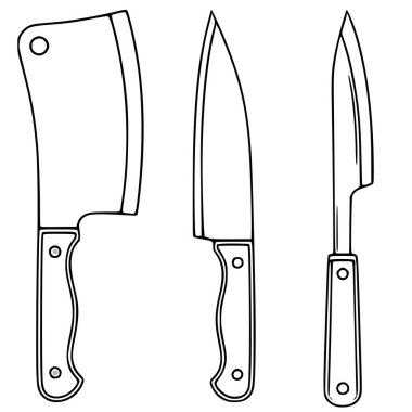 Üç farklı mutfak bıçağı içeren bir vektör çizimi: bir satır, bir aşçı bıçağı ve her biri temiz, minimalist bir sanat tarzında tasvir edilmiş bir ayrıştırma bıçağı..