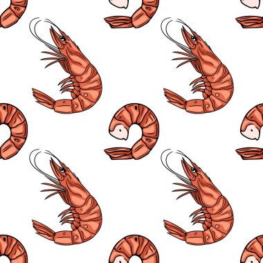 Elle çizilmiş turuncu karideslerin kusursuz vektör deseni, hem karides hem de kıvrımlı karides kuyrukları, canlı ve iştah açıcı deniz ürünleri tasarımı.