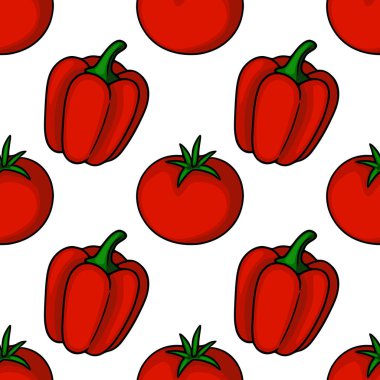 Kırmızı çan biberleri ve domateslerin kusursuz vektör deseni, beyaz arka planda cesur çizgileri olan canlı bir illüstrasyon, mutfak tasarımları veya yiyecekle ilgili projeler için mükemmel..