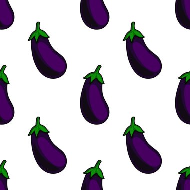 Beyaz zemin üzerinde eğimli gölgeleme ve yeşil yaprakları olan kusursuz patlıcan modelleri, mutfak dekorasyonu veya yemek paketleme tasarımı için idealdir..