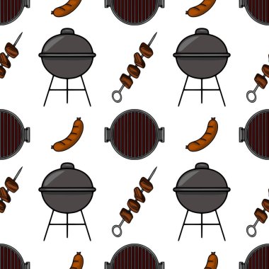 Kömür ızgaraları, sosisler ve et şişleri ile neşe dolu mangal mangalları içeren kusursuz bir vektör deseni. Yaz temalı tasarımlar için mükemmel..