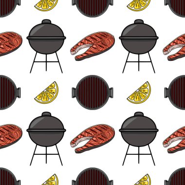 Izgara somon bifteği, limon dilimleri ve mangal ızgaralarıyla dolu neşeli bir yaz barbeküsünün kusursuz bir illüstrasyonunu içeren kusursuz vektör deseni yemek blogları, restoran menüleri veya yaz temalı d...