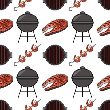 Izgara somon bifteğinin kusursuz vektör deseni şiş karides ve mangal ızgarası. Kontrastlı turuncu ve koyu gri renkler içeren canlı bir çizgi film stili. Yaz mangalı ve mangal için mükemmel....