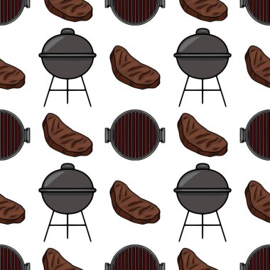 Elle çizilmiş ızgara bifteklerin ve kömür ızgaralarının kusursuz vektör deseni, koyu kahverengi biftekli ve gri metal ızgaralı eşsiz bir çizgi film tarzıyla beyaz arka planda, BBQ-the için ideal....