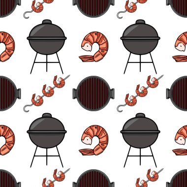 Izgara karides ve barbekü ızgaralarının kusursuz vektör şiş ve kömür ızgarası üzerinde detaylı karides çizimleri, canlı bir yaz yemeği teması yaratıyor..