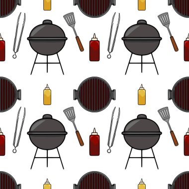 Kömür ızgarası, spatula, maşa, ketçap ve hardal şişelerinin kusursuz vektör deseni, BBQ temalı tasarımlar için mükemmel..