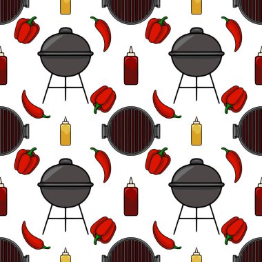 Neşeli bir barbekü ızgarası, kırmızı dolma biber, kırmızı biber, ketçap ve hardal içeren kusursuz bir vektör deseni. Yaz temalı tasarımlar için mükemmel..