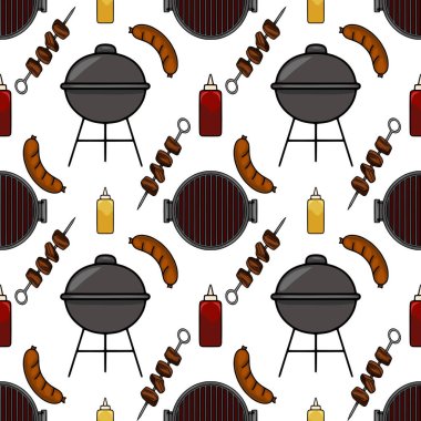 Kömür ızgarası, sosis, şiş, ketçap ve hardallı bir yaz barbekü partisinin kusursuz vektör deseni. Çizgi film tarzında dizayn edilmiş..