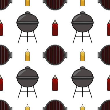 Çizgi film barbekü ızgarası, ketçap ve hardal şişelerinin kusursuz vektör deseni yaz pikniği ya da barbekü partisi tasarımı için mükemmel..