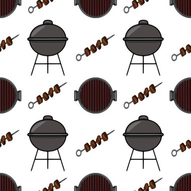 Kömür ızgaralarının neşeli bir illüstrasyonunu içeren kusursuz bir vektör deseni ızgara etli şişler, yaz barbekü partisi tasarımı veya yemek blogu için mükemmel..