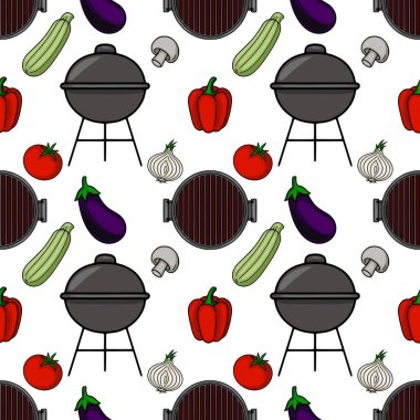 Patlıcan, kabak, domates, biber, mantar ve soğan gibi çeşitli sebzelerle birlikte kömür ızgarasının kusursuz vektör deseni yaz barbeküsü veya yemek teması için mükemmel..
