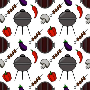 Sebzeli ve etli ızgaranın kusursuz vektör deseni. Yemek blogları, restoran menüleri ya da yaz temalı tasarımlar için mükemmel..