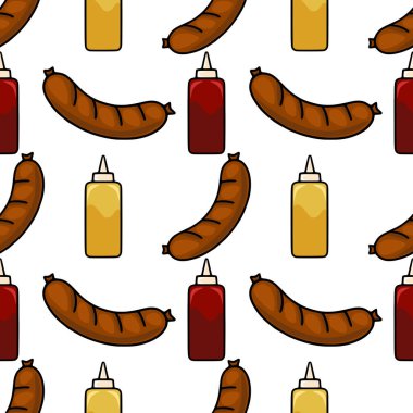 Izgara sosis, ketçap ve hardal şişelerinin kusursuz vektör deseni canlı çizgi film tarzında. Yemek paketleme veya menü tasarımı için mükemmel..