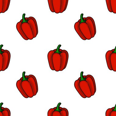 Beyaz zemin üzerinde elle çizilmiş kırmızı çan biberlerinin kusursuz vektör deseni, cesur hatları ve zengin renk doygunluğu ile canlı bir çizgi film tarzı içerir..